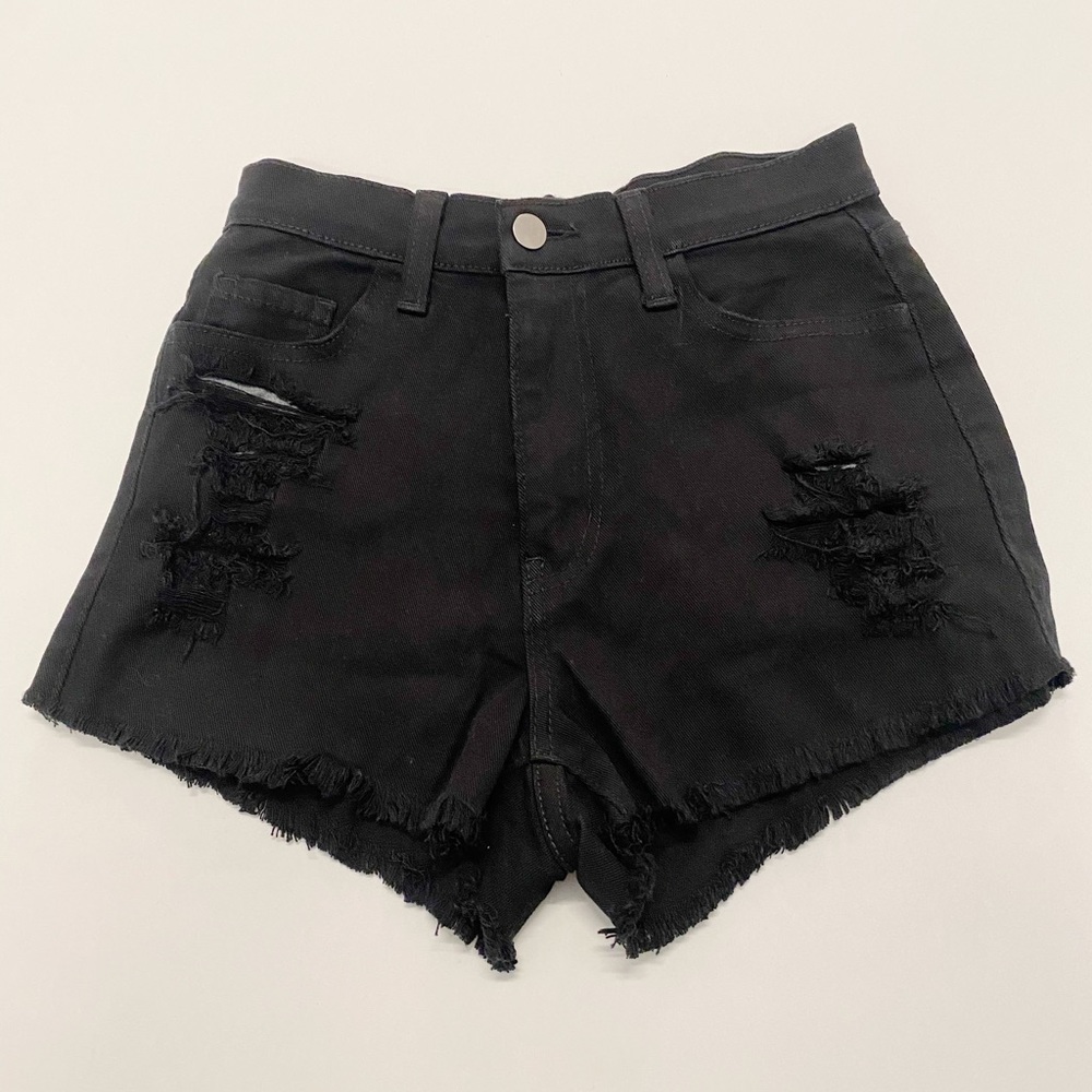 Black High Waist Distressed Denim Shorts - Picture 3 of 4